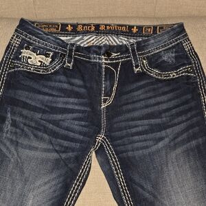 Rock Revival Dark Blue Jeans with White Stitching